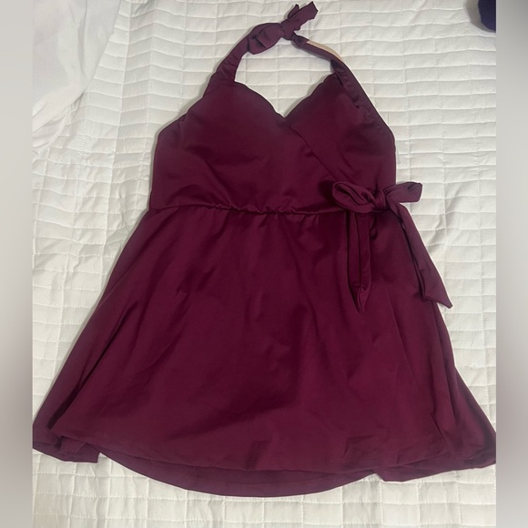 Dolphin Aqua Shape Solid Wrap Front Halter Swim Dress with Bow Size 12 - Picture 1 of 11